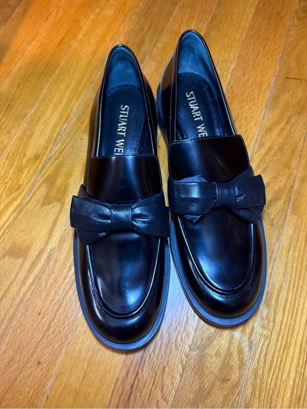 Stuart Weitzman Women's Black Leather Bow-Accent Loafers 9.5